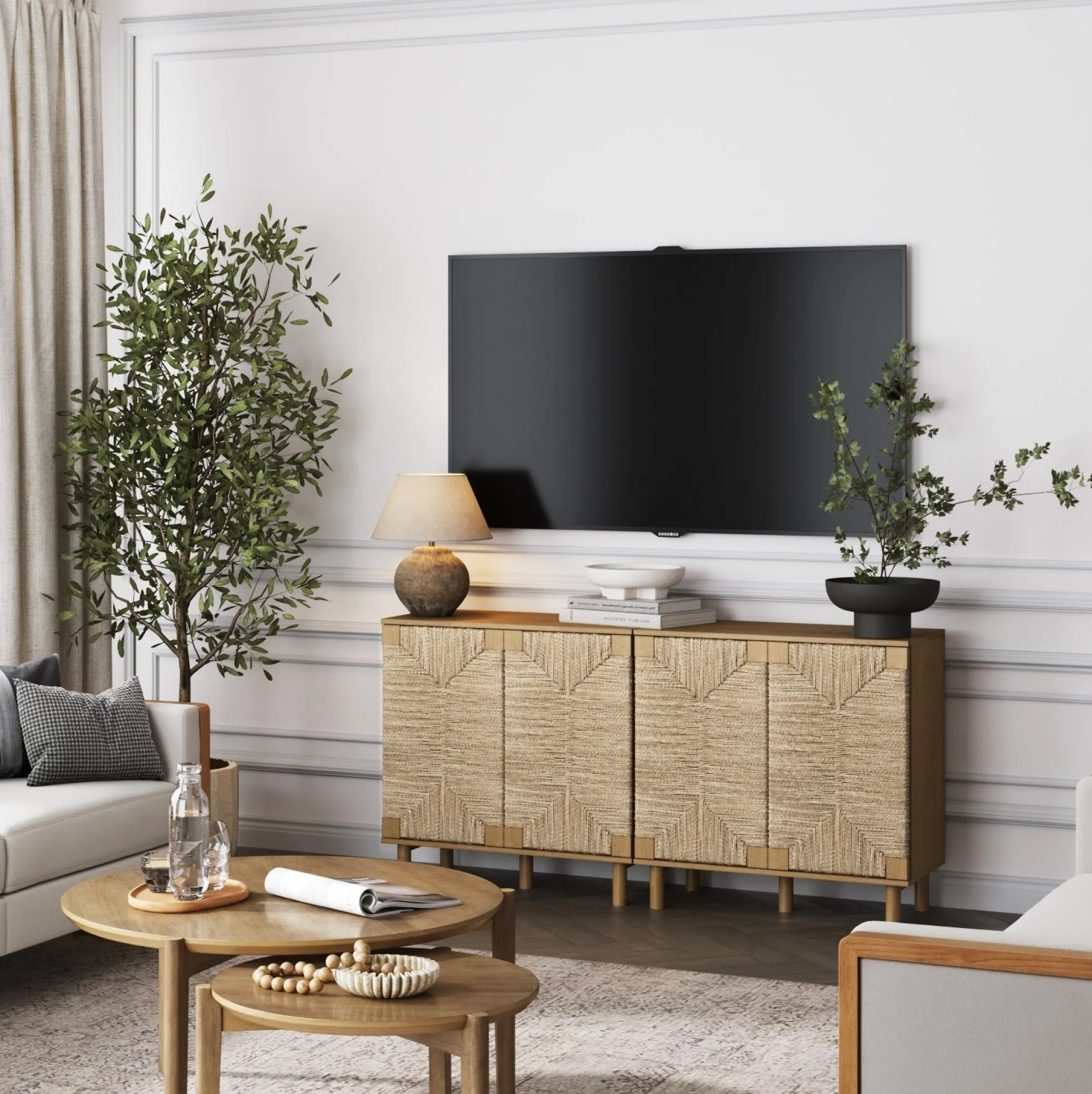 Wood TV Console for TVs up to 65" with Seagrass Doors Light Brown
