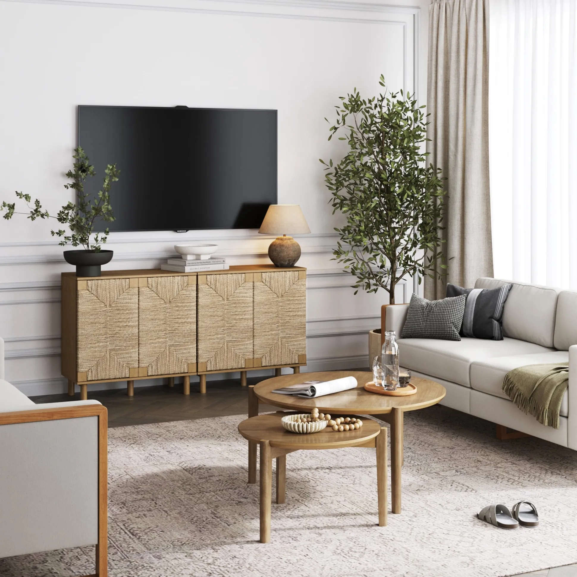 Wood TV Console for TVs up to 65" with Seagrass Doors Light Brown