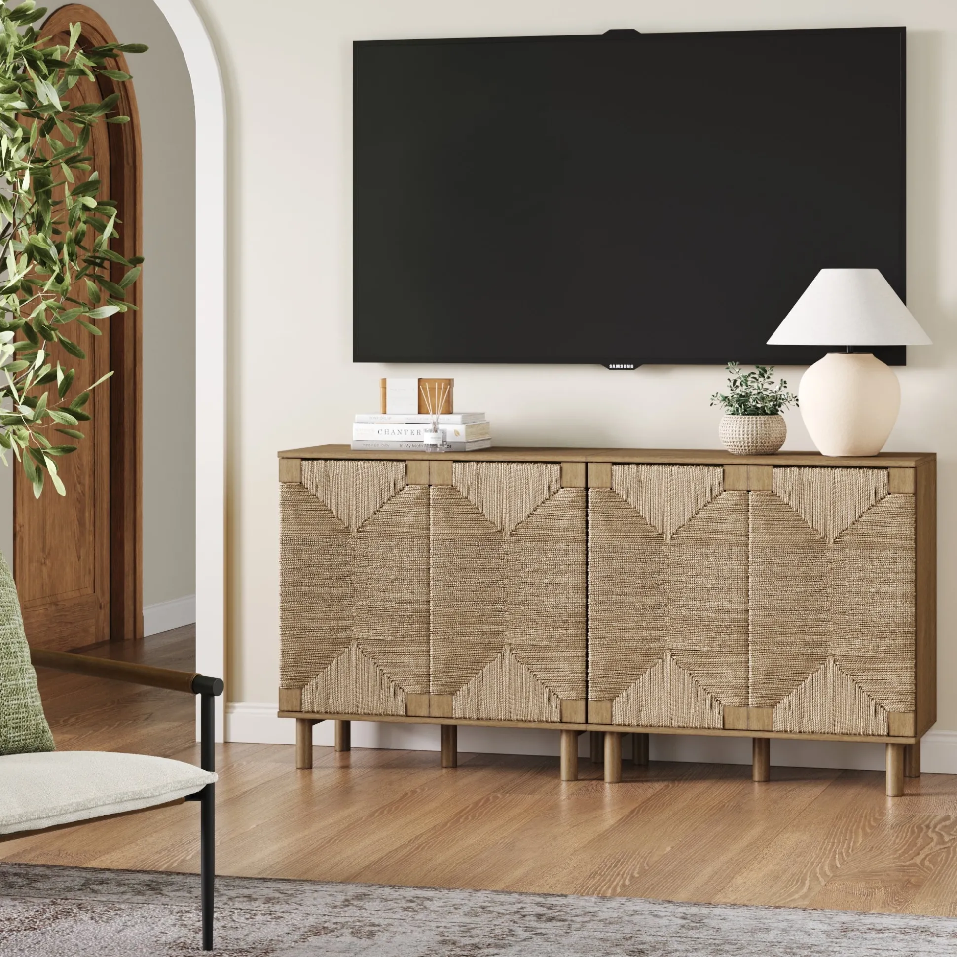 Wood TV Console for TVs up to 65" with Seagrass Doors Light Brown