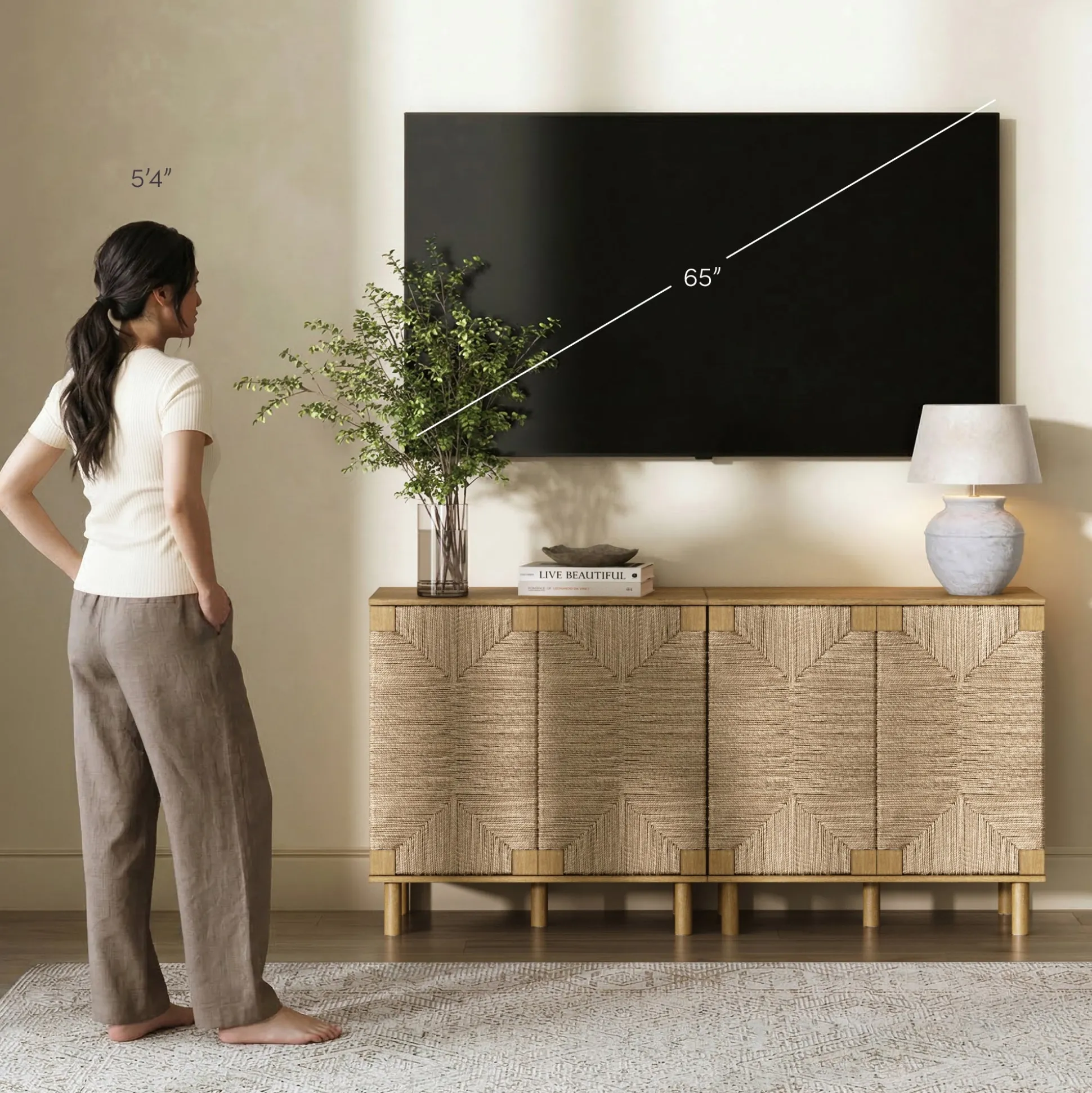 Wood TV Console for TVs up to 65" with Seagrass Doors Light Brown