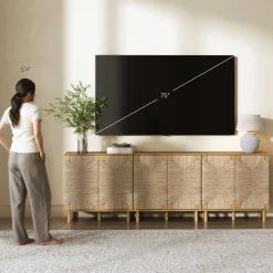 Wood TV Console for TVs up to 75" with Seagrass Doors Light Brown