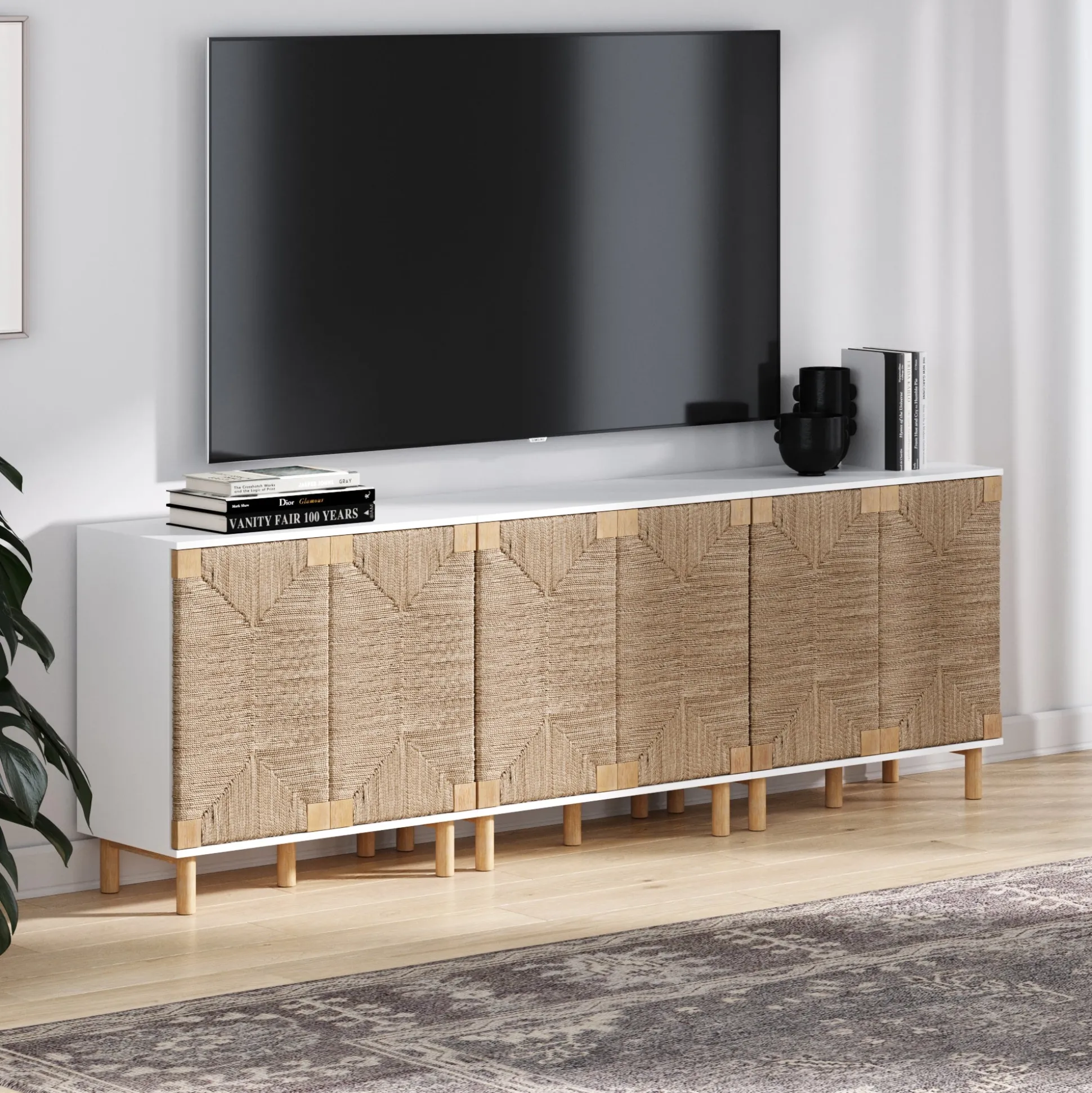 Wood TV Console for TVs up to 75" with Seagrass Doors White