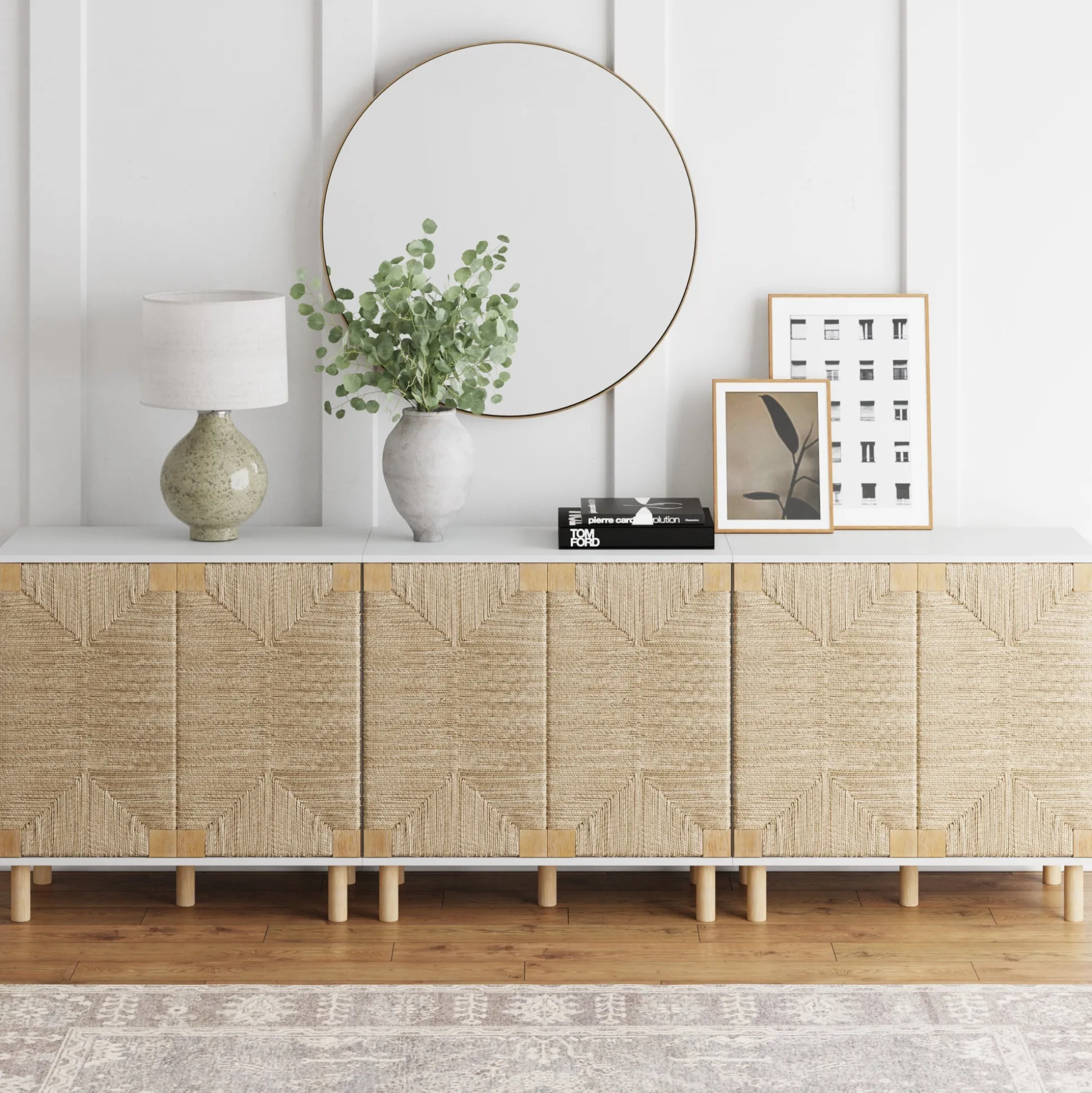 Wood TV Console for TVs up to 75" with Seagrass Doors White