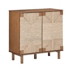 Wood TV Console for TVs up to 75" with Seagrass Doors Dark Brown