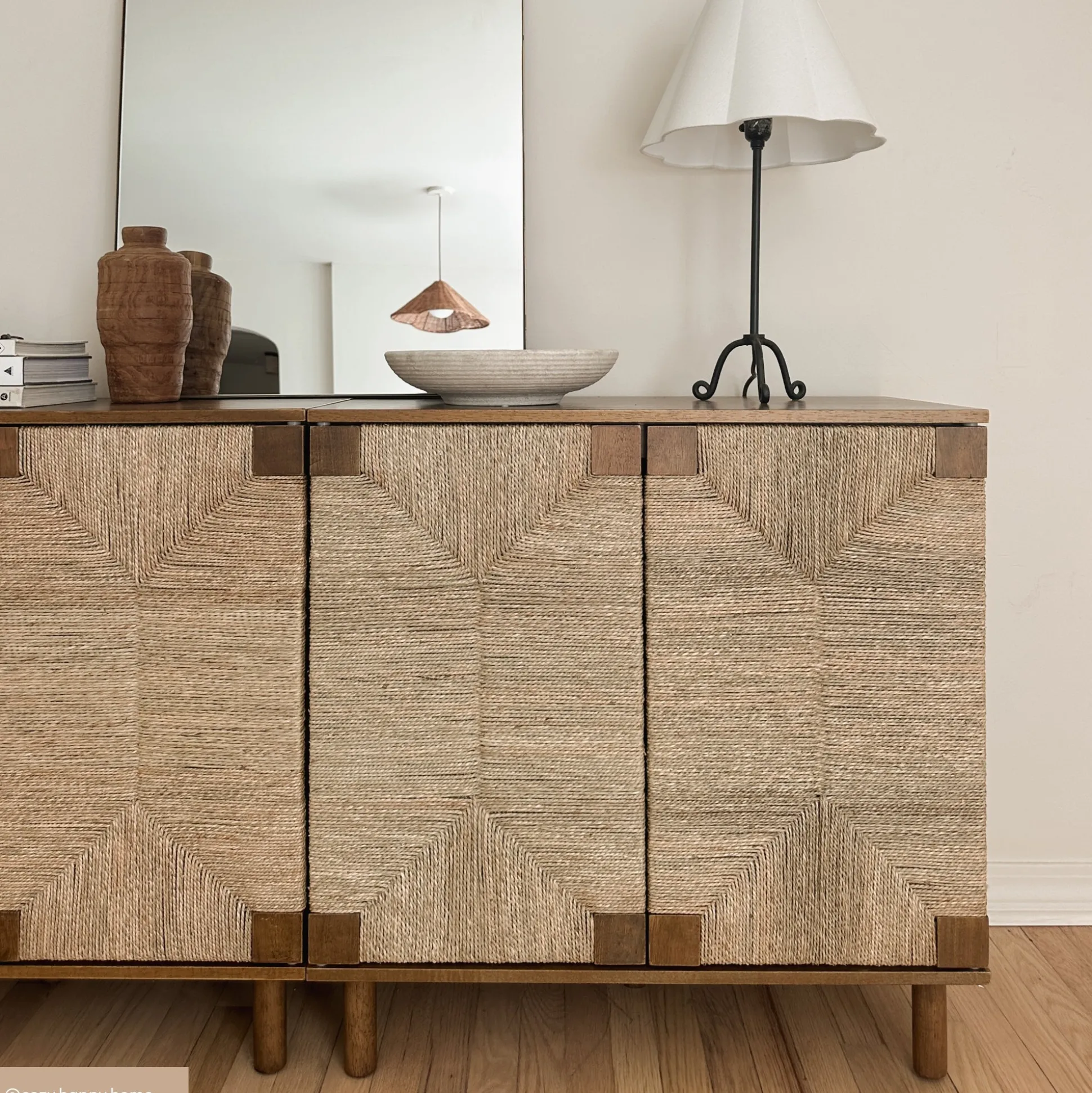 Wood TV Console for TVs up to 75" with Seagrass Doors Dark Brown