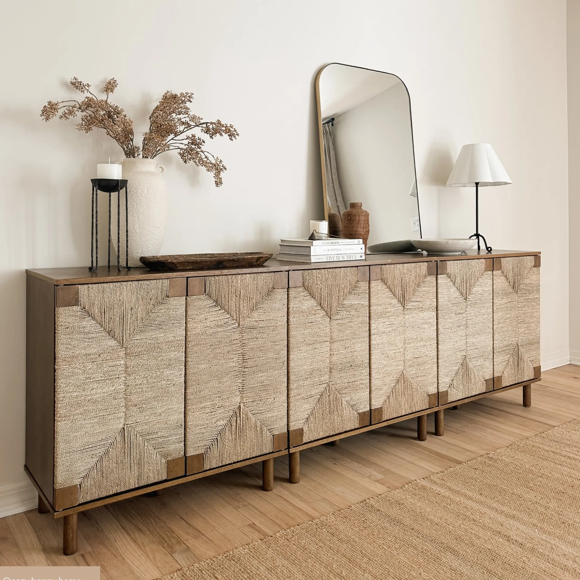 Wood TV Console for TVs up to 75" with Seagrass Doors Dark Brown