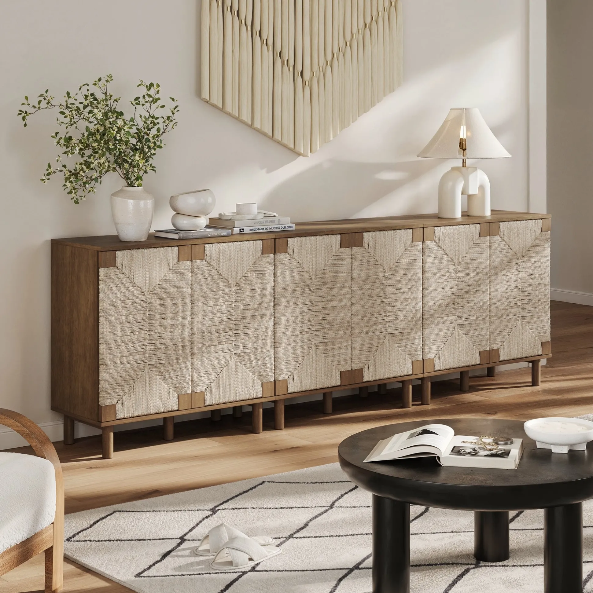 Wood TV Console for TVs up to 75" with Seagrass Doors Dark Brown