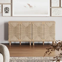 Wood TV Console for TVs up to 65" with Seagrass Doors Raw Oak