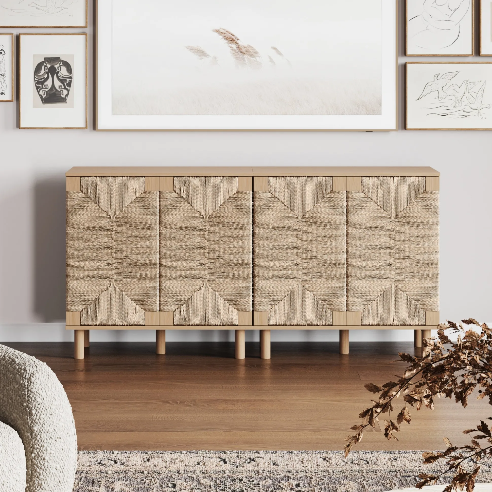 Wood TV Console for TVs up to 65" with Seagrass Doors Raw Oak