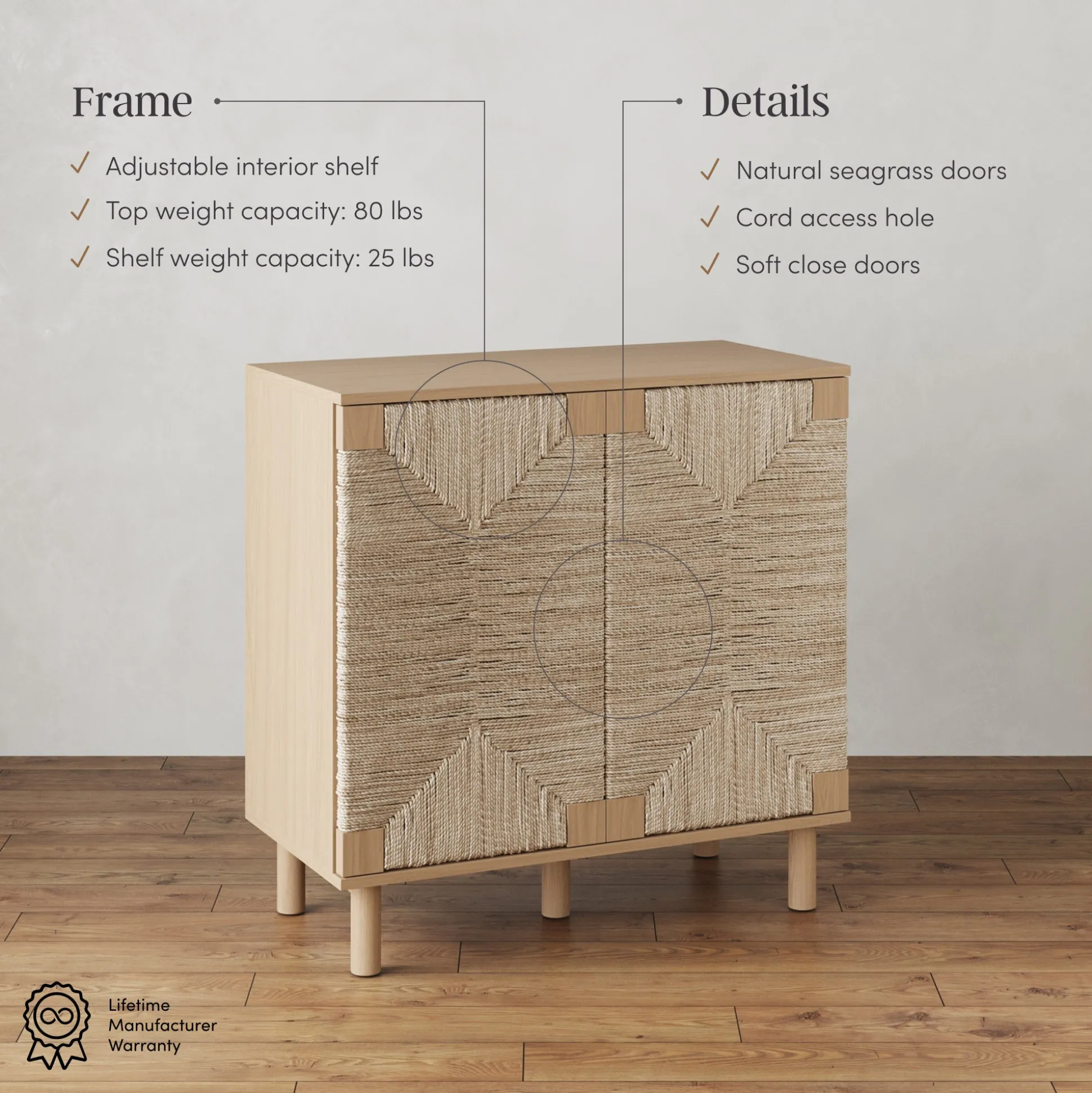 Wood TV Console for TVs up to 65" with Seagrass Doors Raw Oak