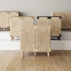 Wood TV Console for TVs up to 65" with Seagrass Doors White