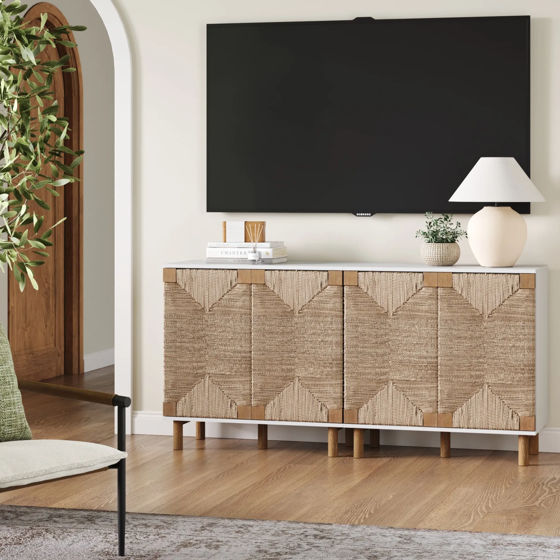 Wood TV Console for TVs up to 65" with Seagrass Doors White