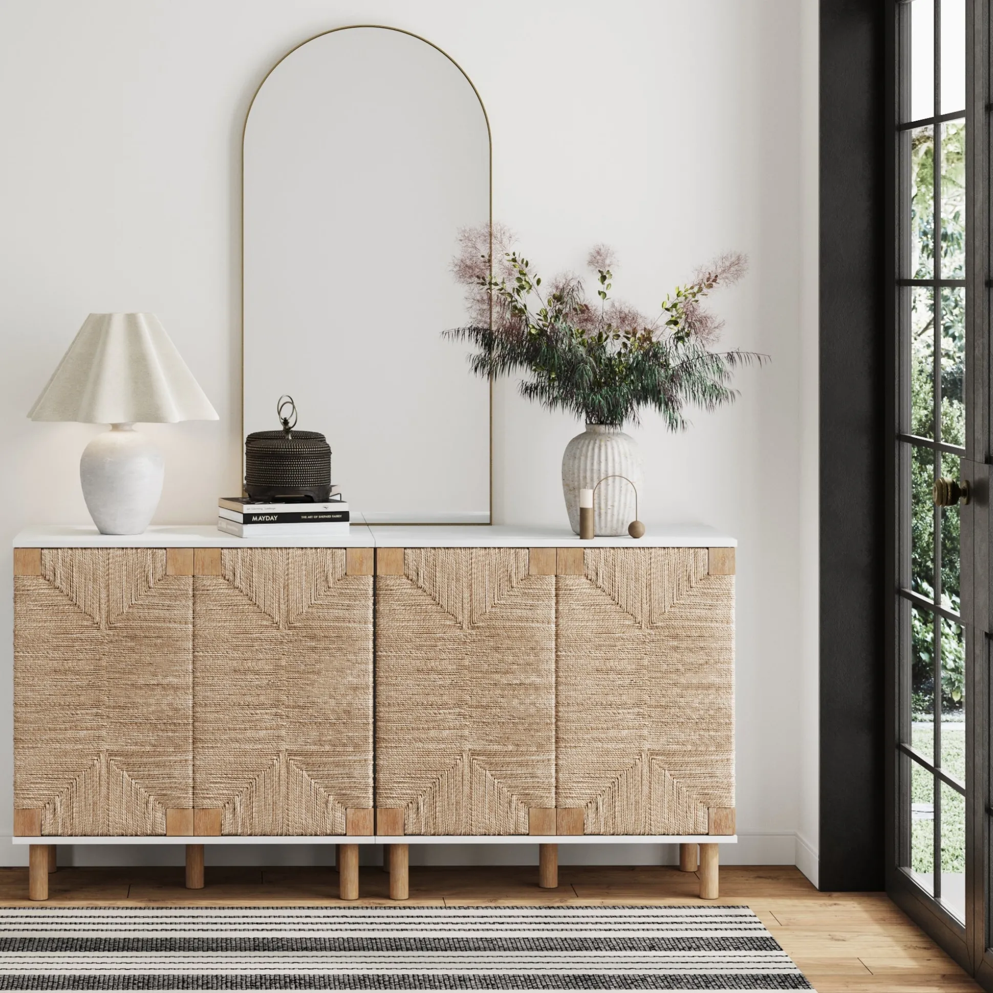 Wood TV Console for TVs up to 65" with Seagrass Doors White