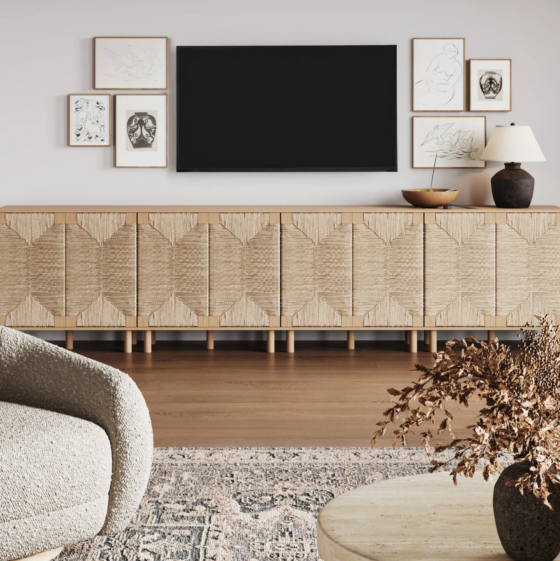 Wood TV Console for TVs up to 100" with Seagrass Doors Raw Oak