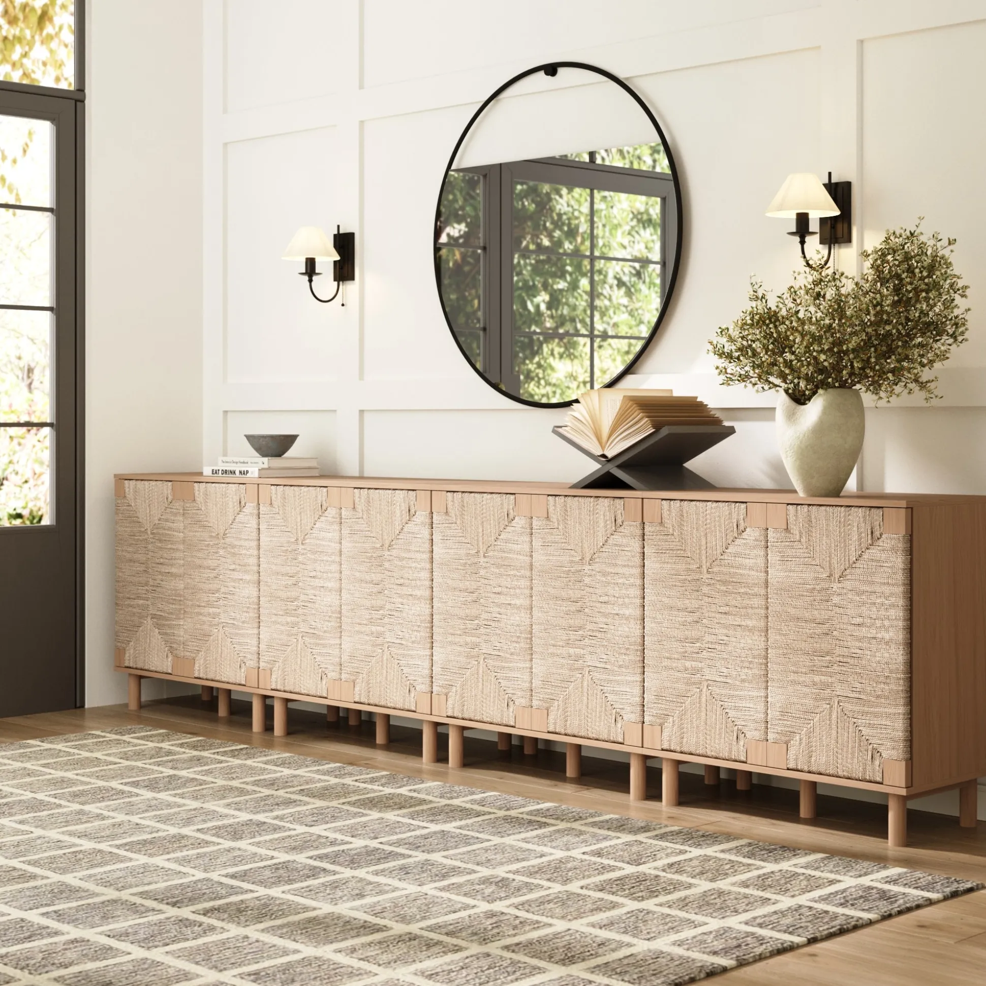 Wood TV Console for TVs up to 100" with Seagrass Doors Raw Oak
