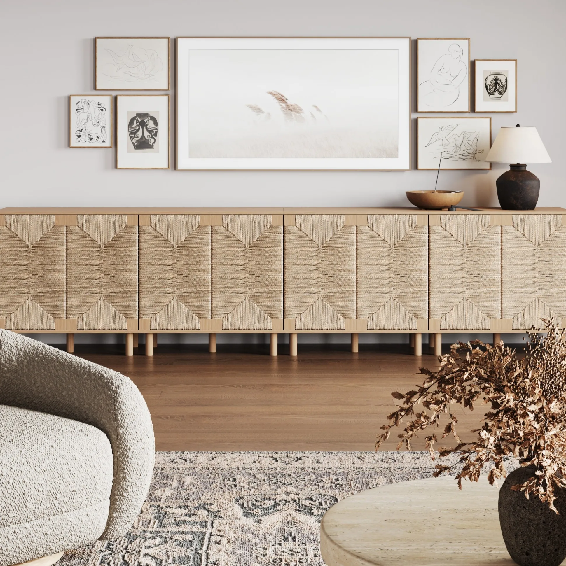Wood TV Console for TVs up to 100" with Seagrass Doors Raw Oak
