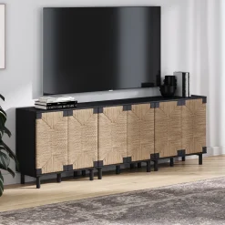 Wood TV Console for TVs up to 75" with Seagrass Doors Brushed Black