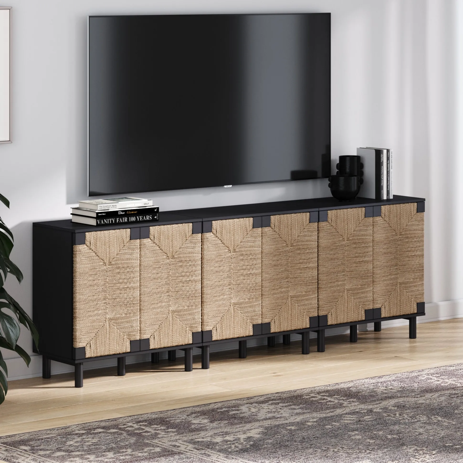 Wood TV Console for TVs up to 75" with Seagrass Doors Brushed Black