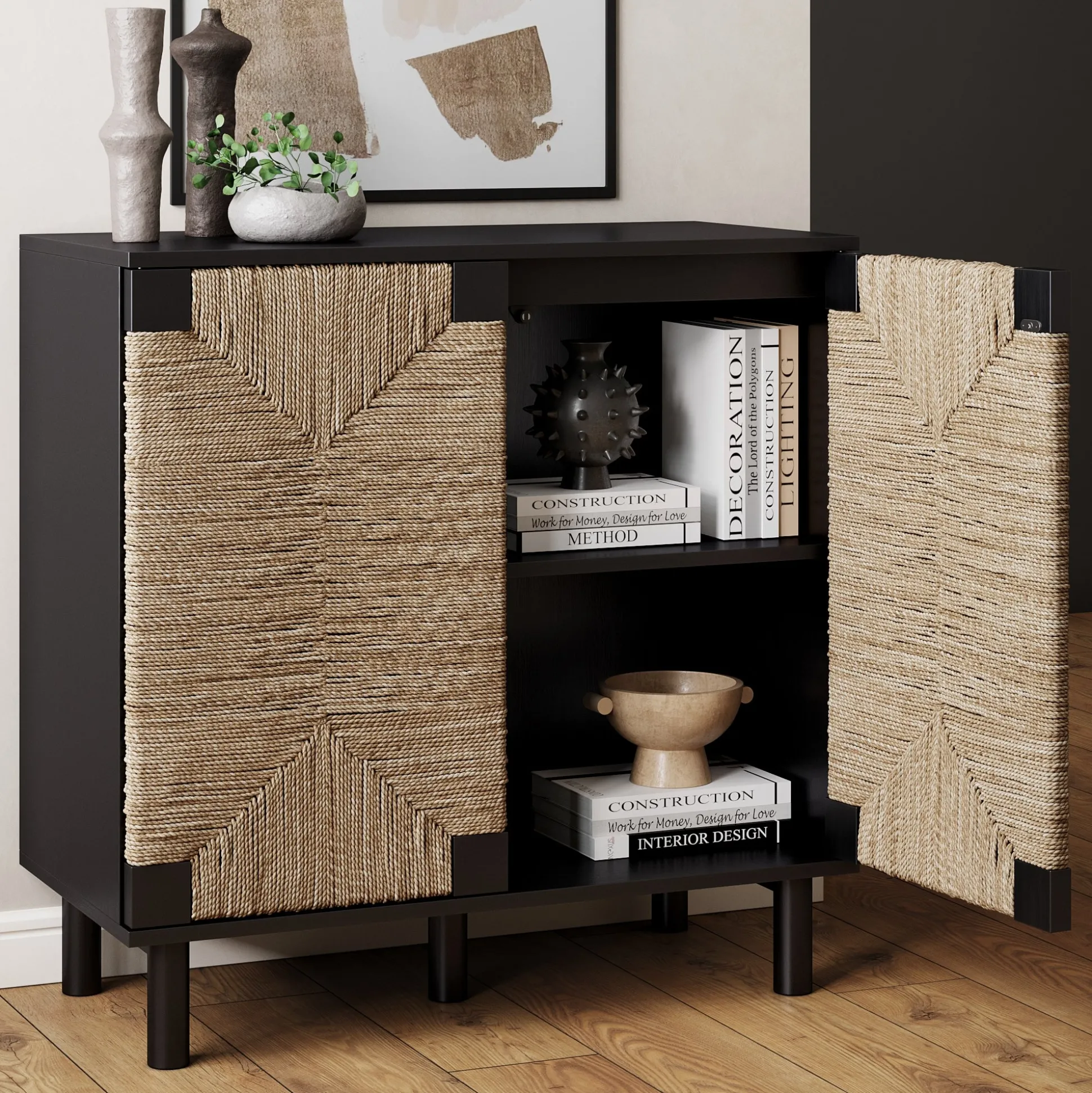 Wood TV Console for TVs up to 75" with Seagrass Doors Brushed Black