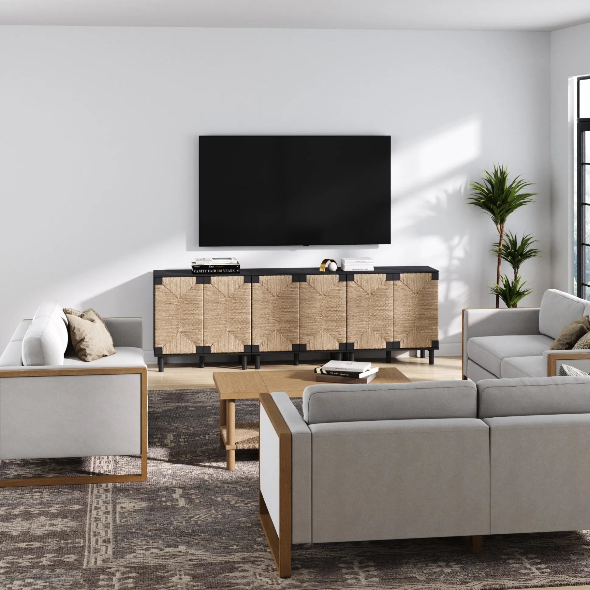 Wood TV Console for TVs up to 75" with Seagrass Doors Brushed Black