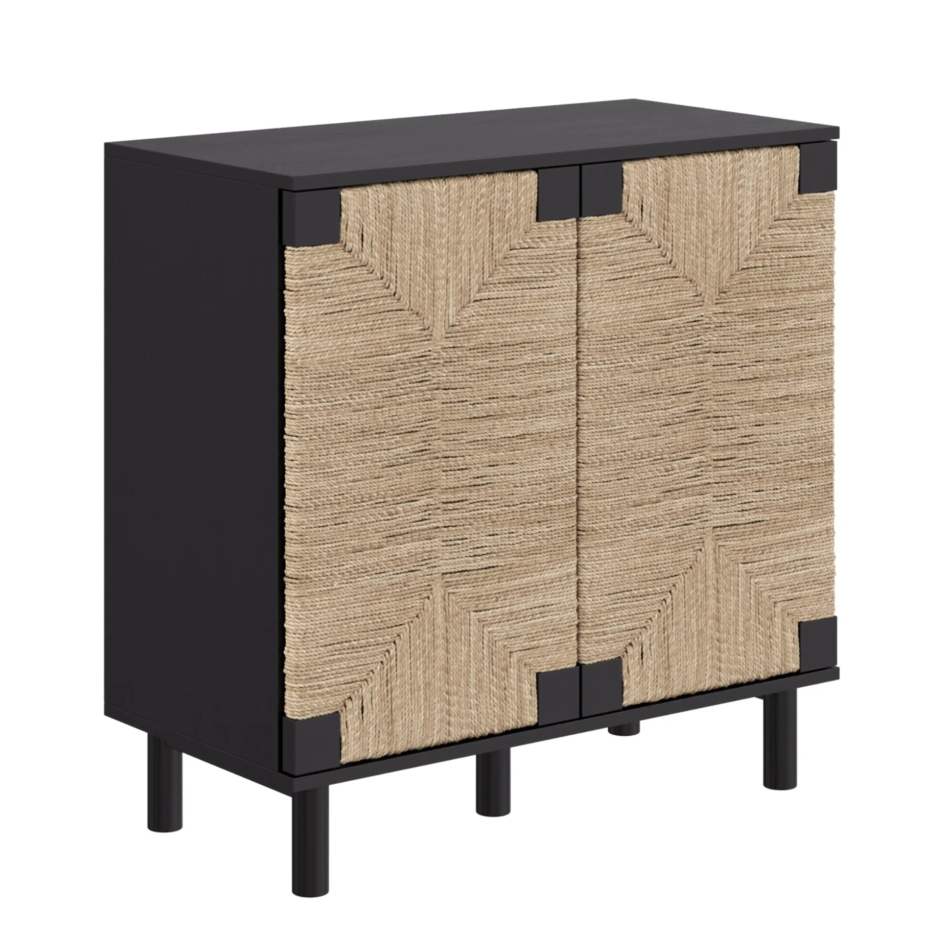 Wood TV Console for TVs up to 75" with Seagrass Doors Brushed Black