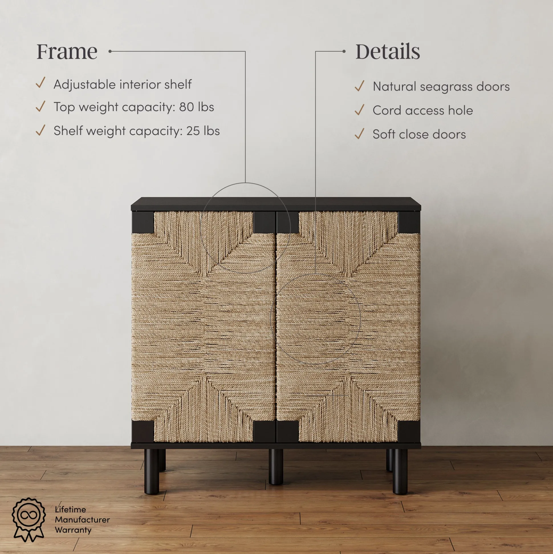 Wood TV Console for TVs up to 75" with Seagrass Doors Brushed Black