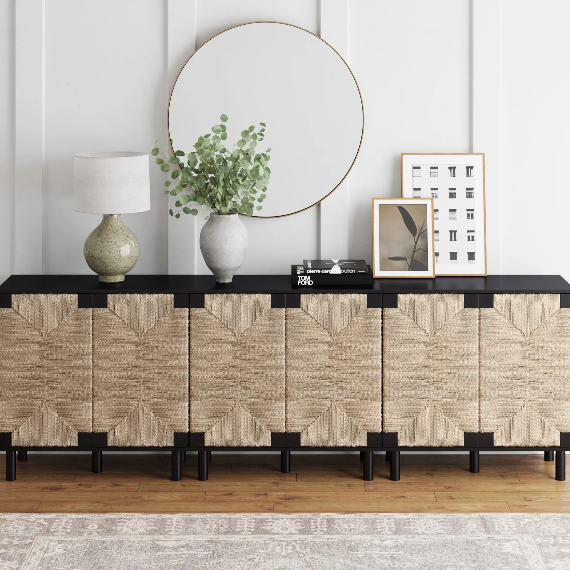 Wood TV Console for TVs up to 75" with Seagrass Doors Brushed Black