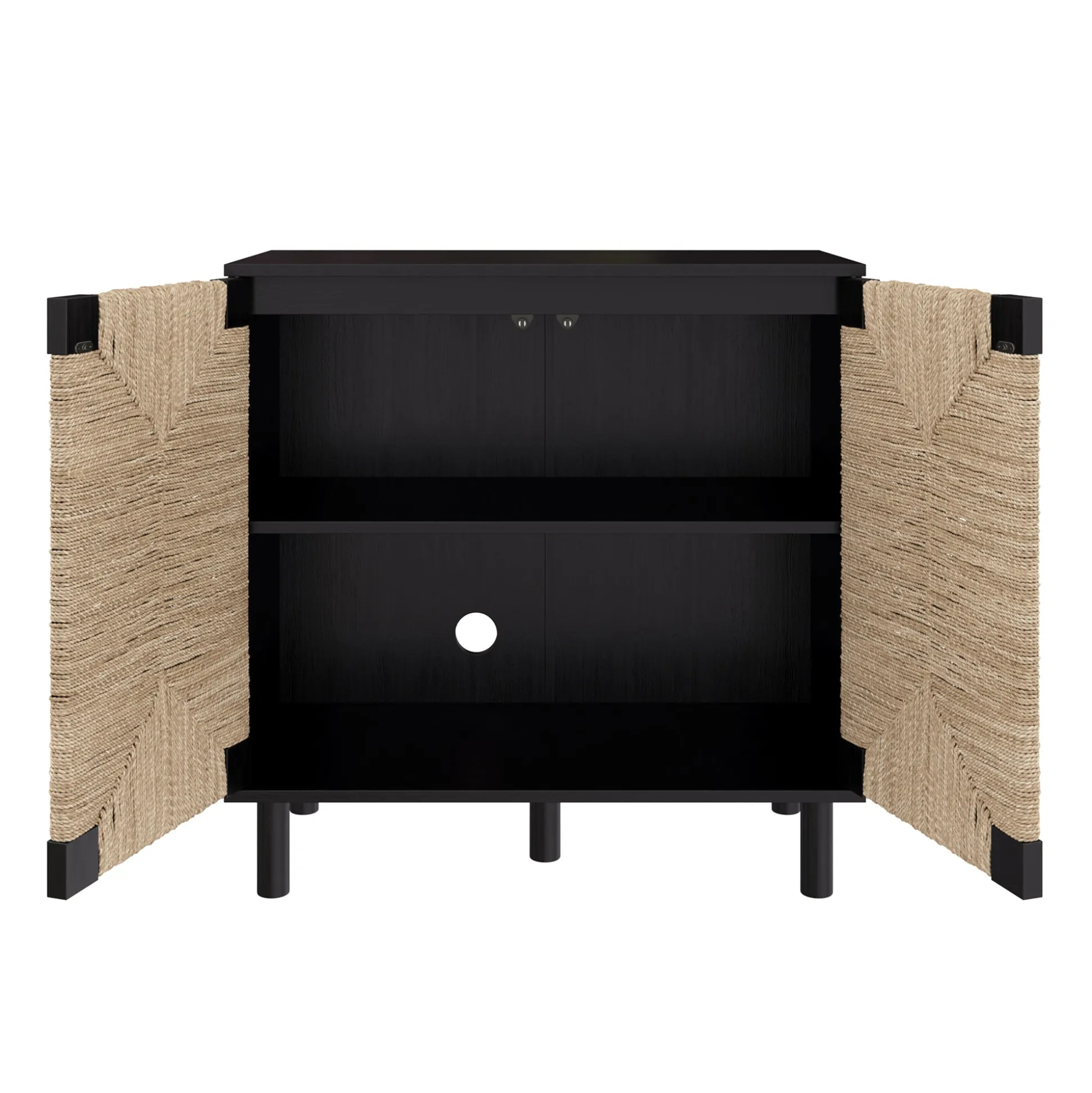 Wood TV Console for TVs up to 75" with Seagrass Doors Brushed Black