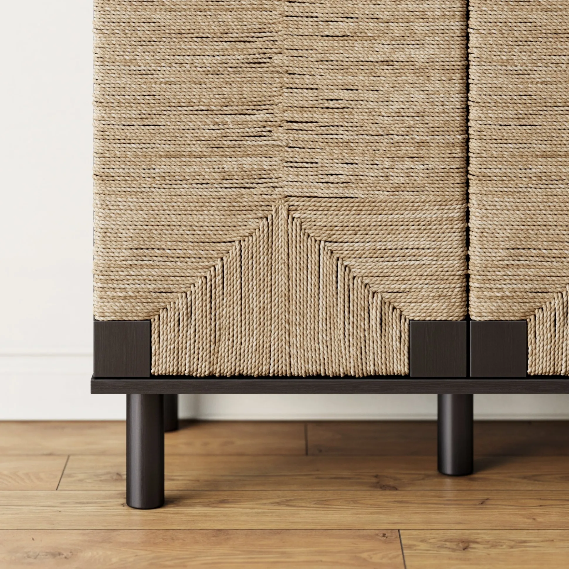 Wood TV Console for TVs up to 75" with Seagrass Doors Brushed Black