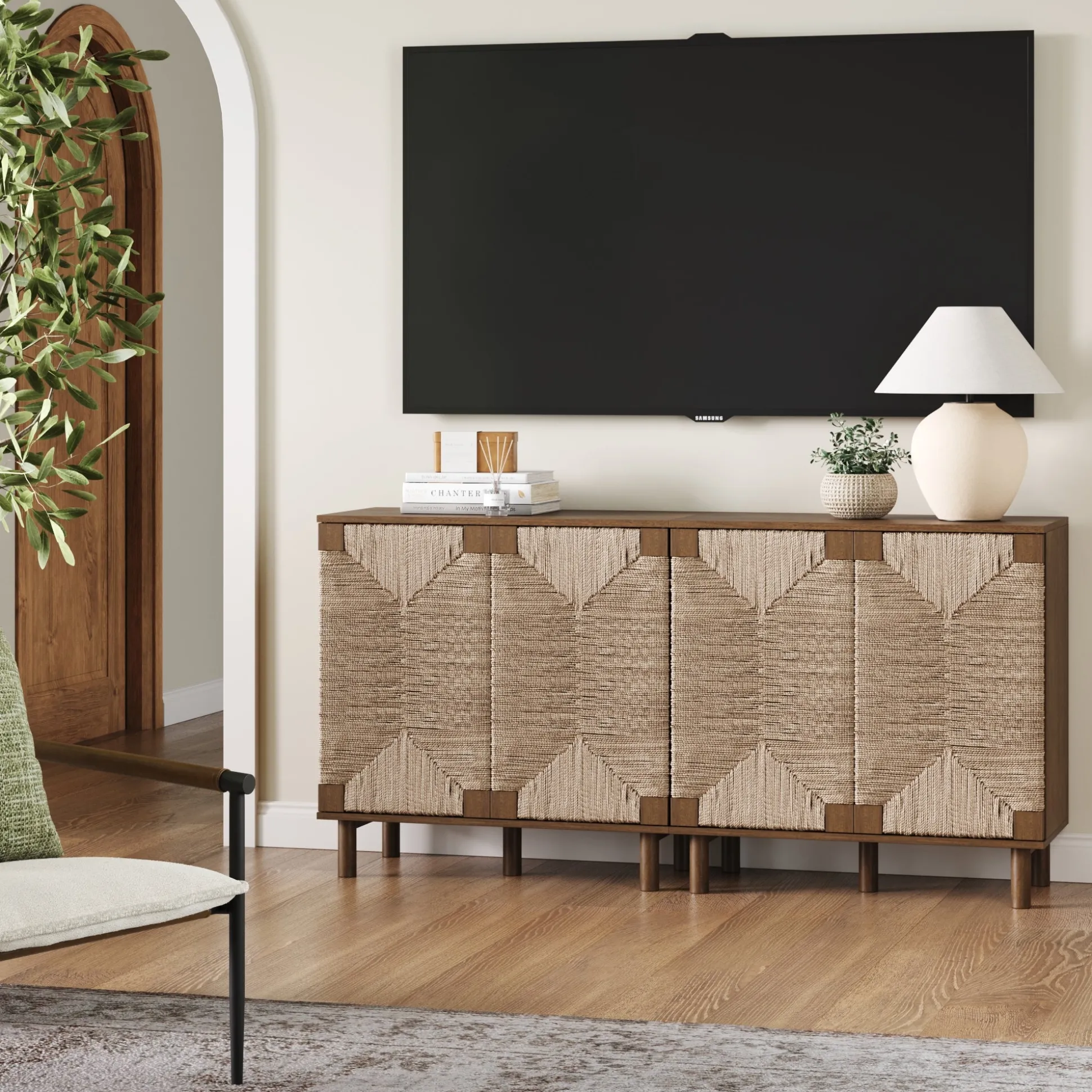 Wood TV Console for TVs up to 65" with Seagrass Doors Dark Brown