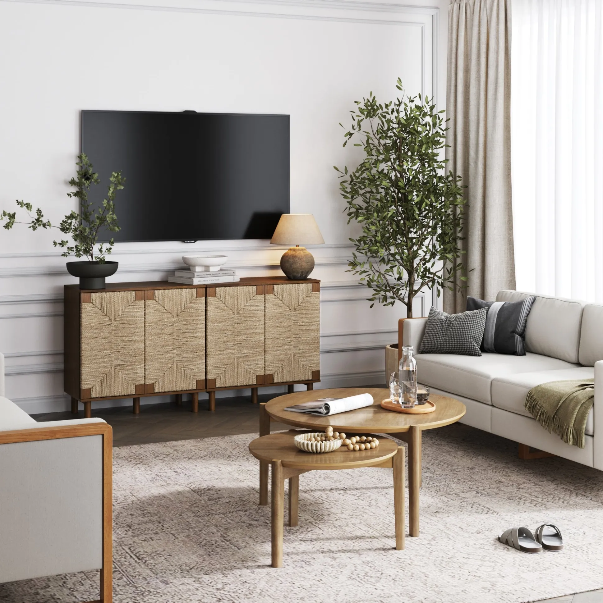 Wood TV Console for TVs up to 65" with Seagrass Doors Dark Brown