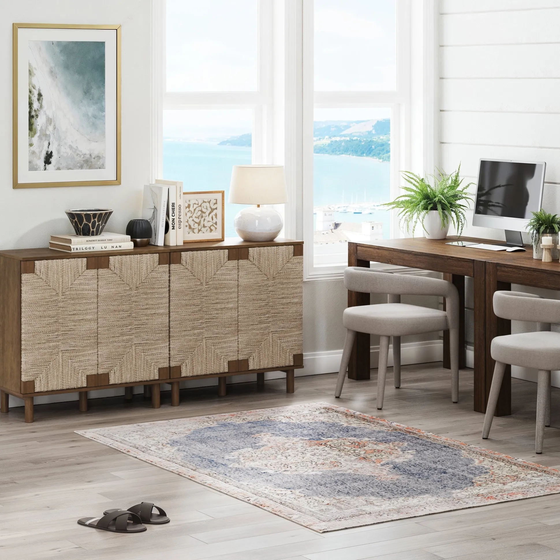 Wood TV Console for TVs up to 65" with Seagrass Doors Dark Brown