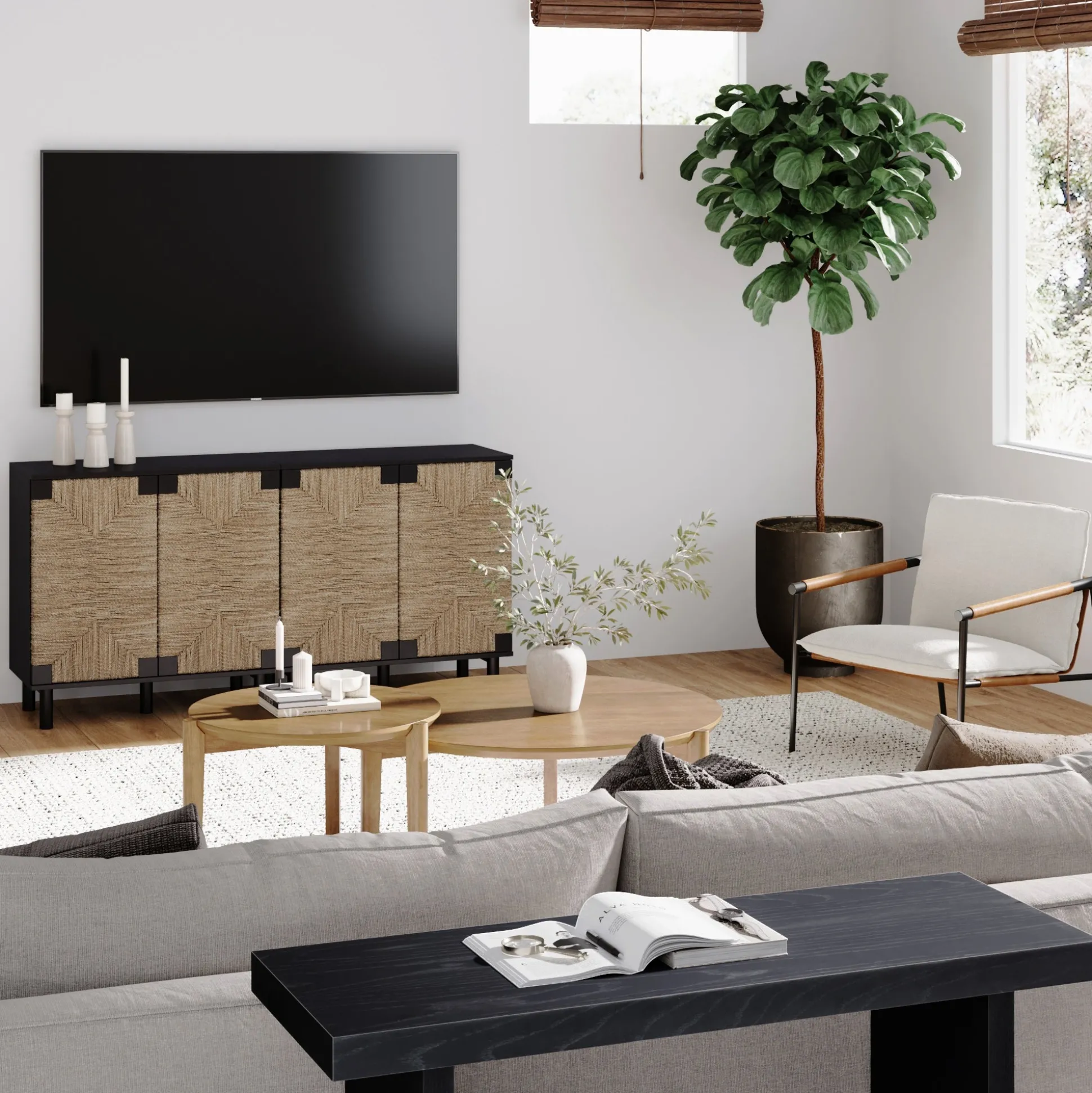 Wood TV Console for TVs up to 65" with Seagrass Doors Brushed Black