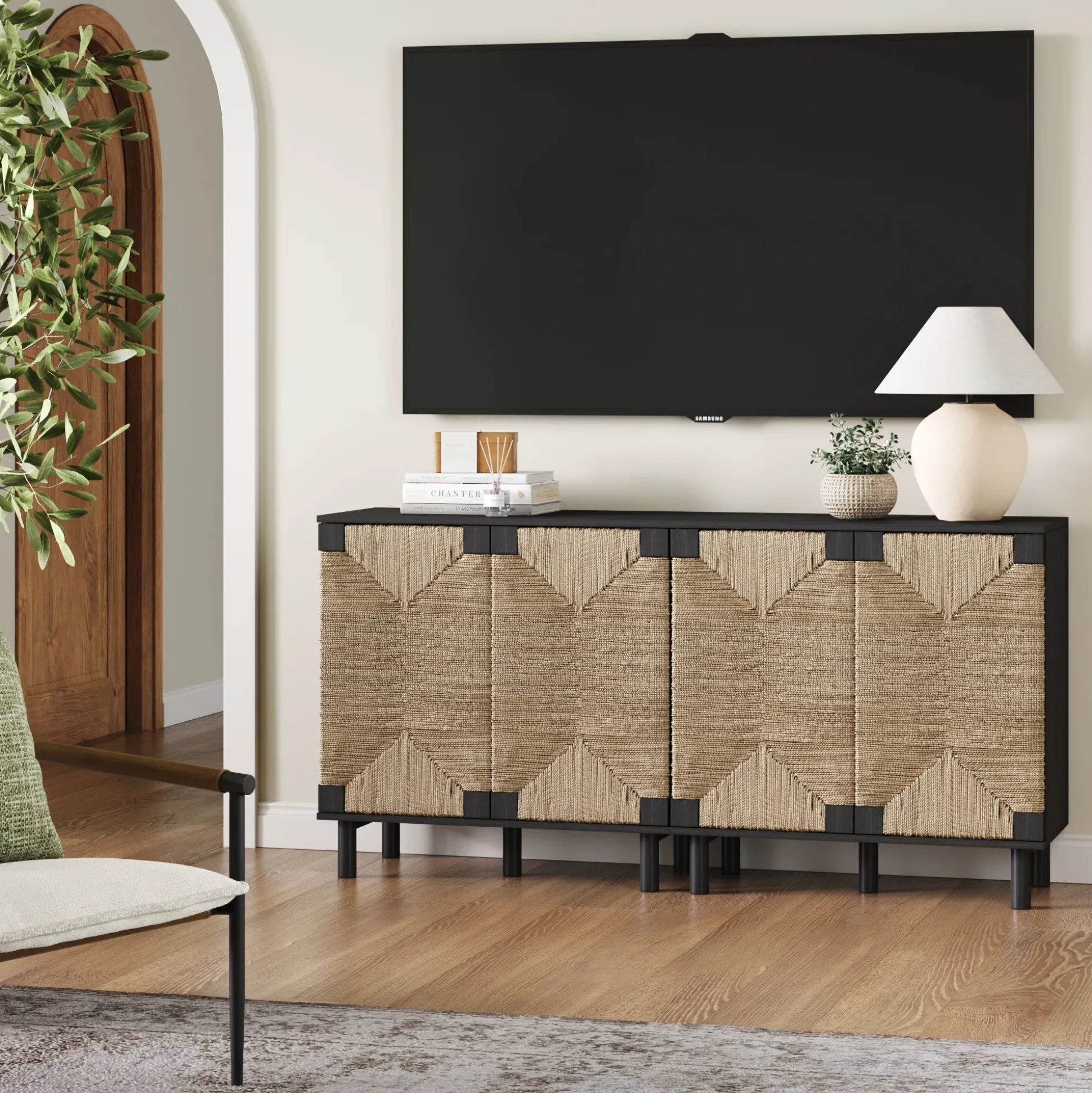 Wood TV Console for TVs up to 65" with Seagrass Doors Brushed Black