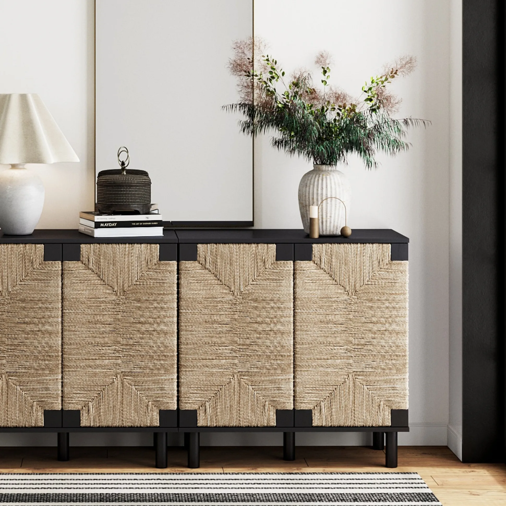 Wood TV Console for TVs up to 65" with Seagrass Doors Brushed Black