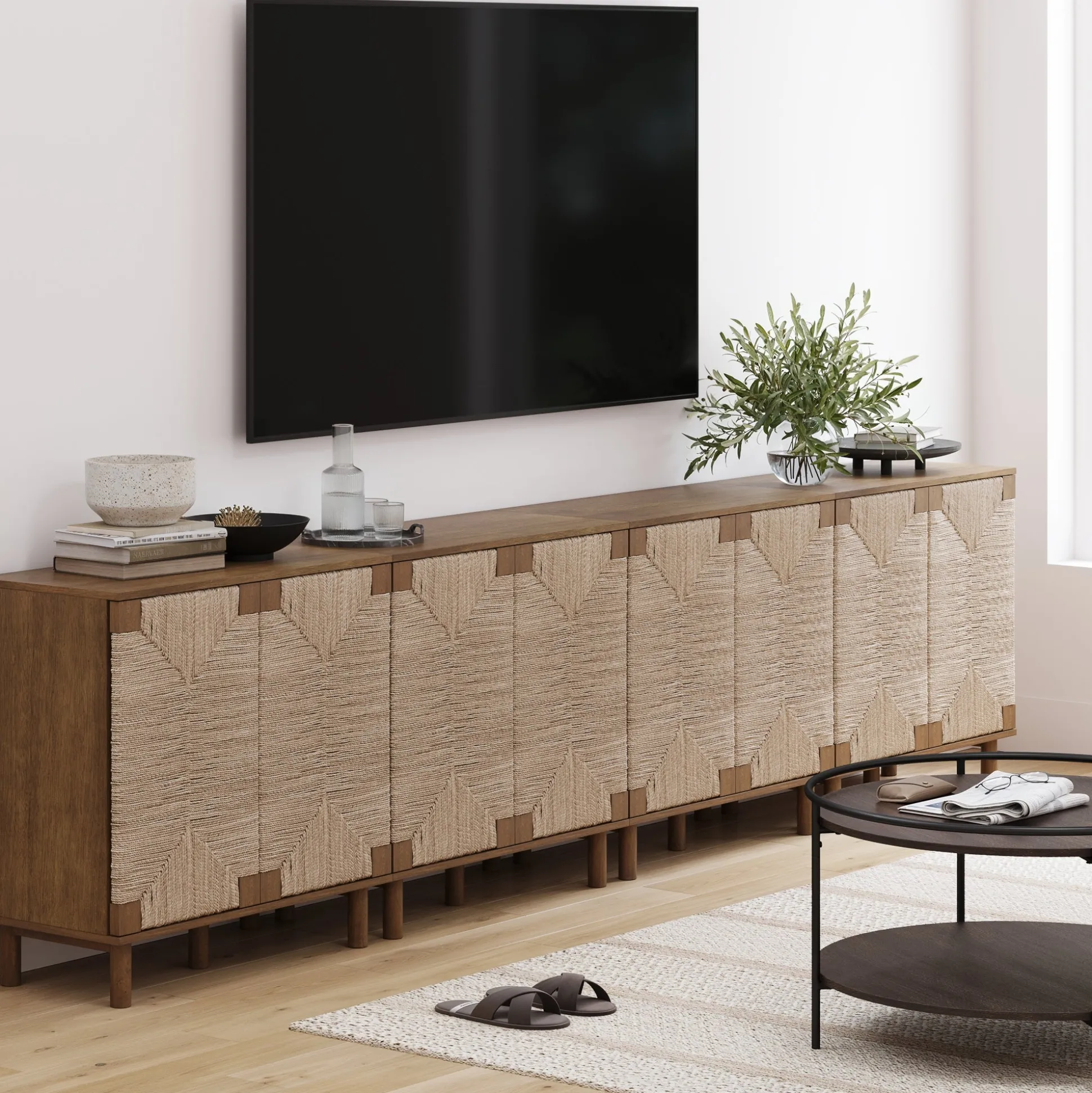 Wood TV Console for TVs up to 100" with Seagrass Doors Dark Brown