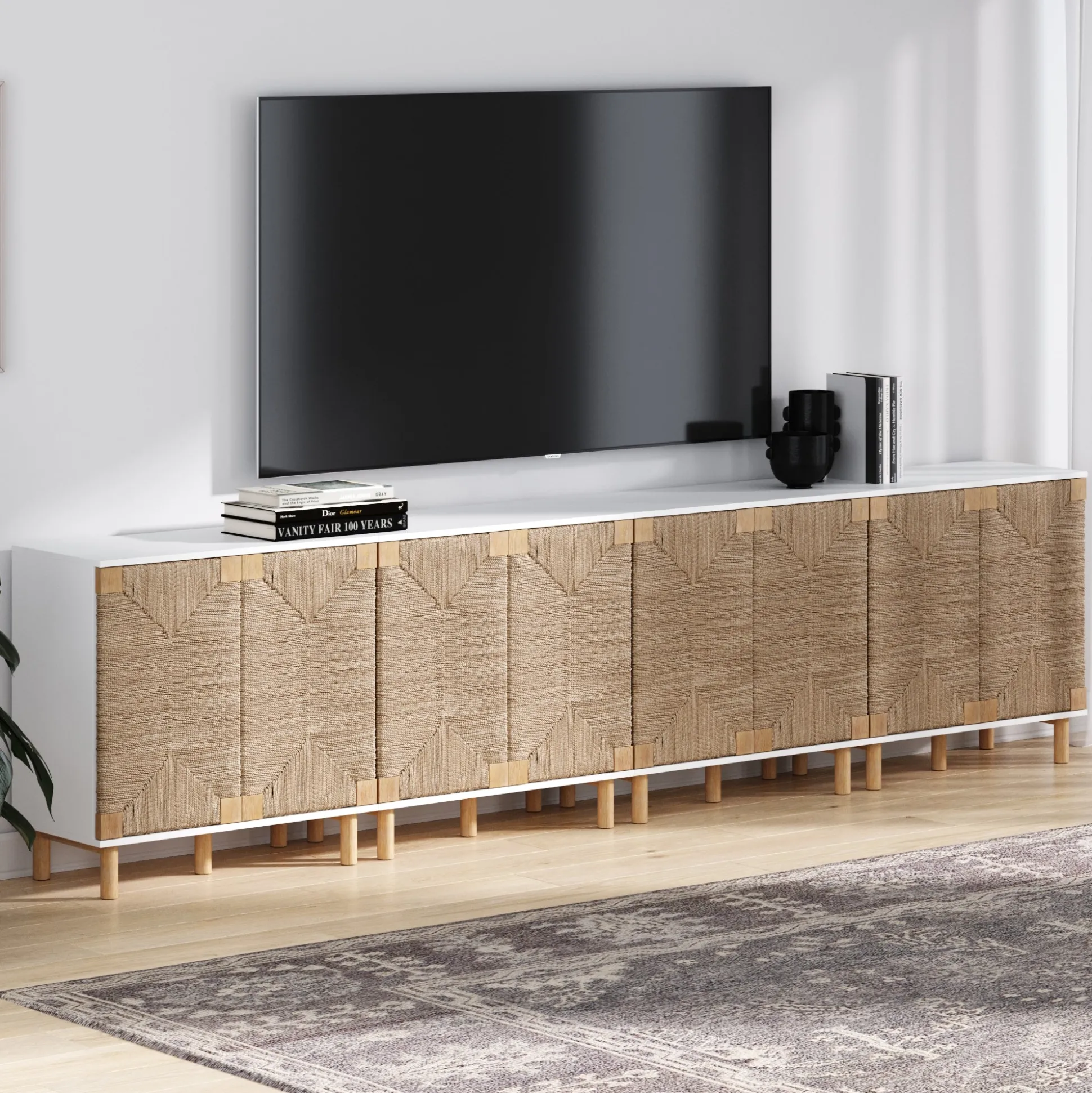 Wood TV Console for TVs up to 100" with Seagrass Doors White