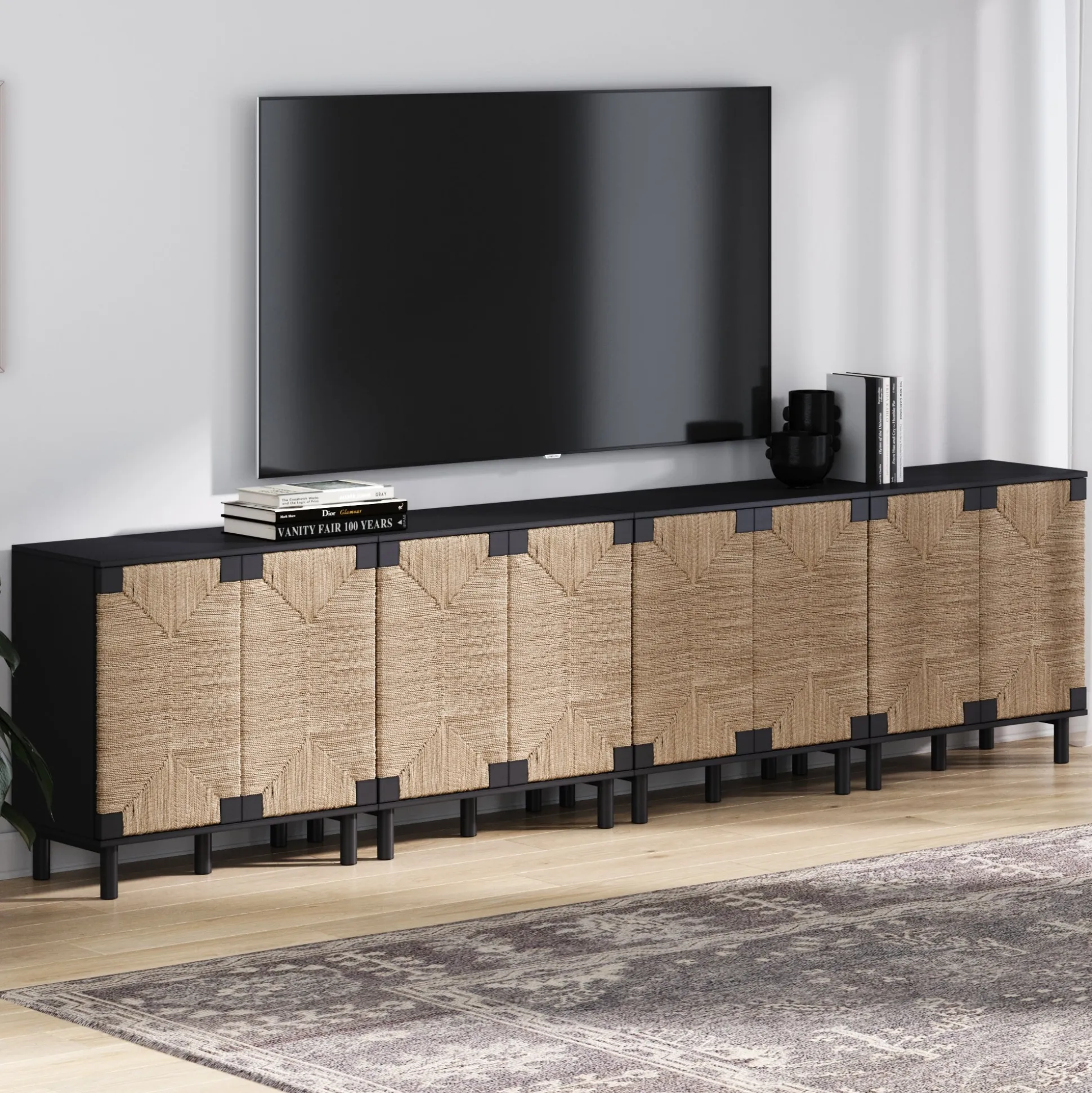 Wood TV Console for TVs up to 100" with Seagrass Doors Brushed Black
