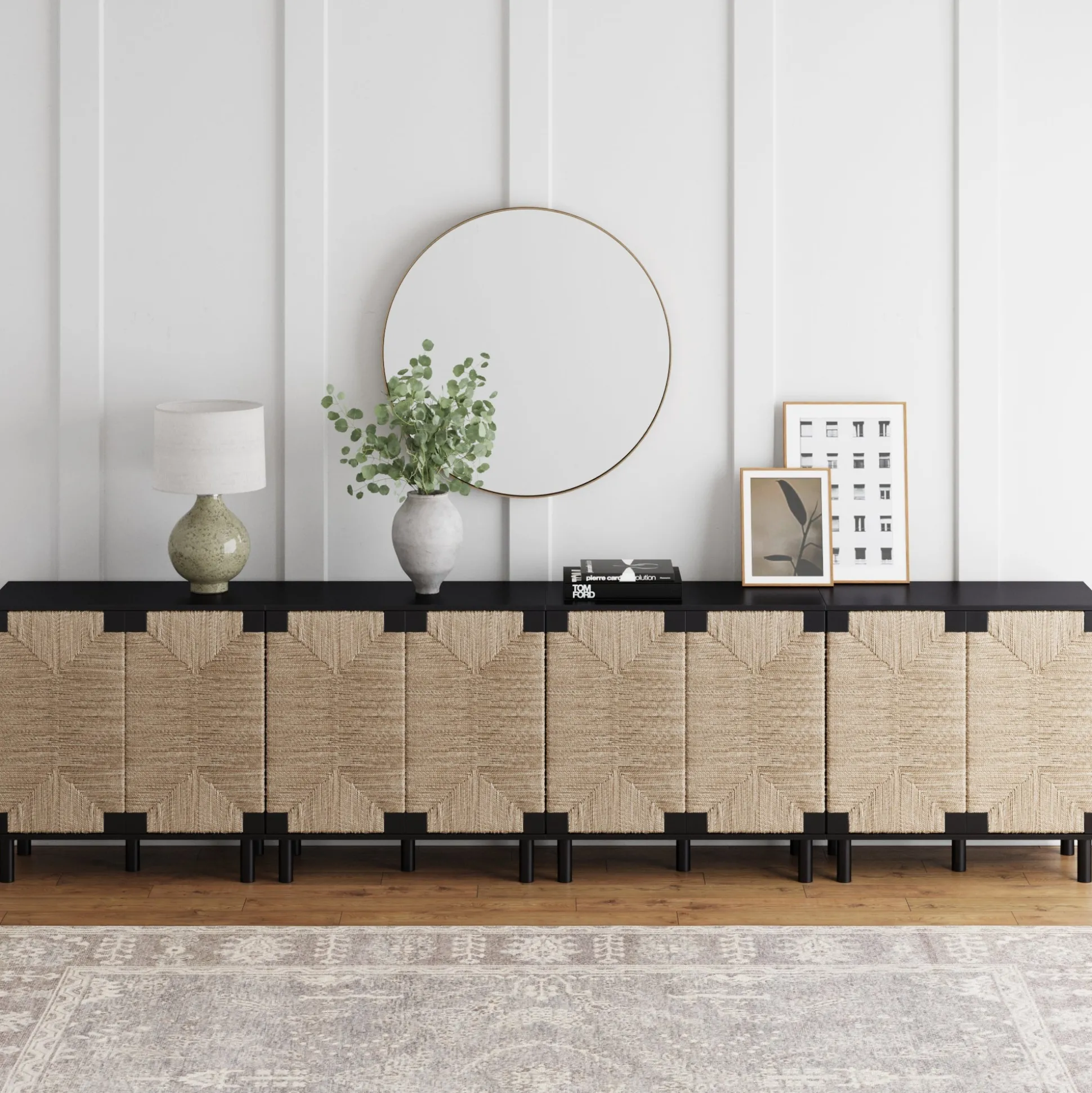 Wood TV Console for TVs up to 100" with Seagrass Doors Brushed Black