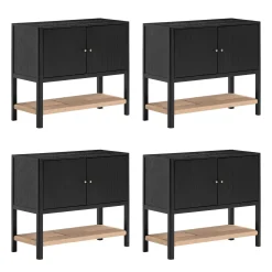 Wood TV Console with Open Seagrass Shelf for TVs up to 100" Black Oak