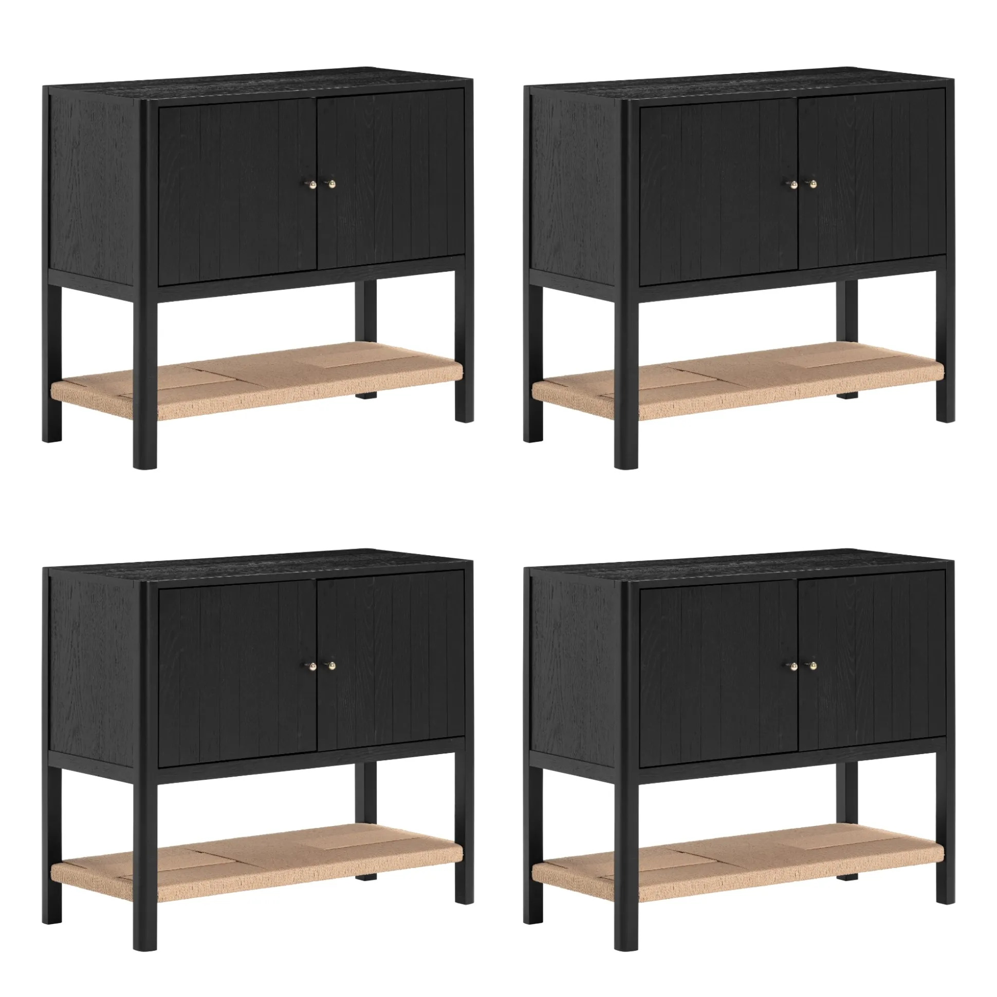 Wood TV Console with Open Seagrass Shelf for TVs up to 100" Black Oak