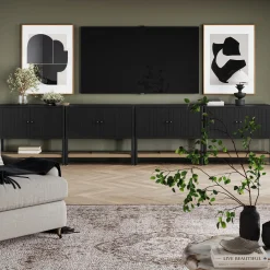 Wood TV Console with Open Seagrass Shelf for TVs up to 100
