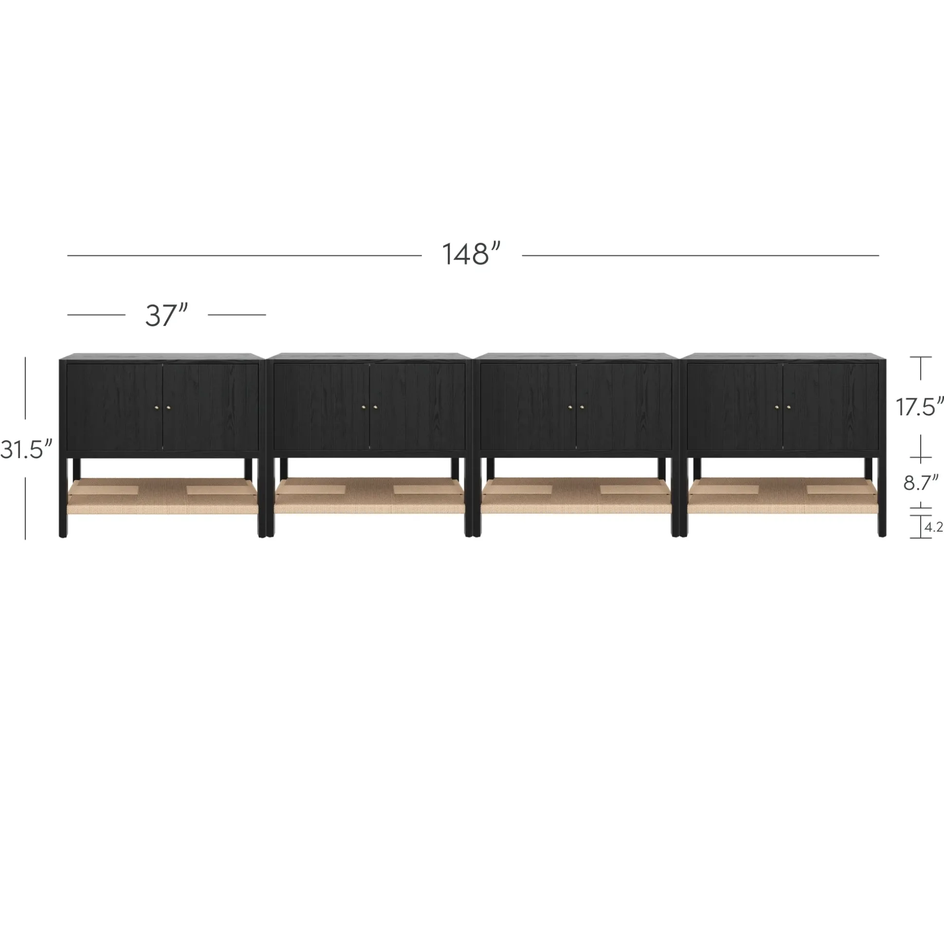 Wood TV Console with Open Seagrass Shelf for TVs up to 100" Black Oak
