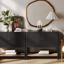 Wood TV Console with Open Seagrass Shelf for TVs up to 100
