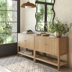 Wood TV Console with Open Seagrass Shelf for TVs up to 65" Light Brown