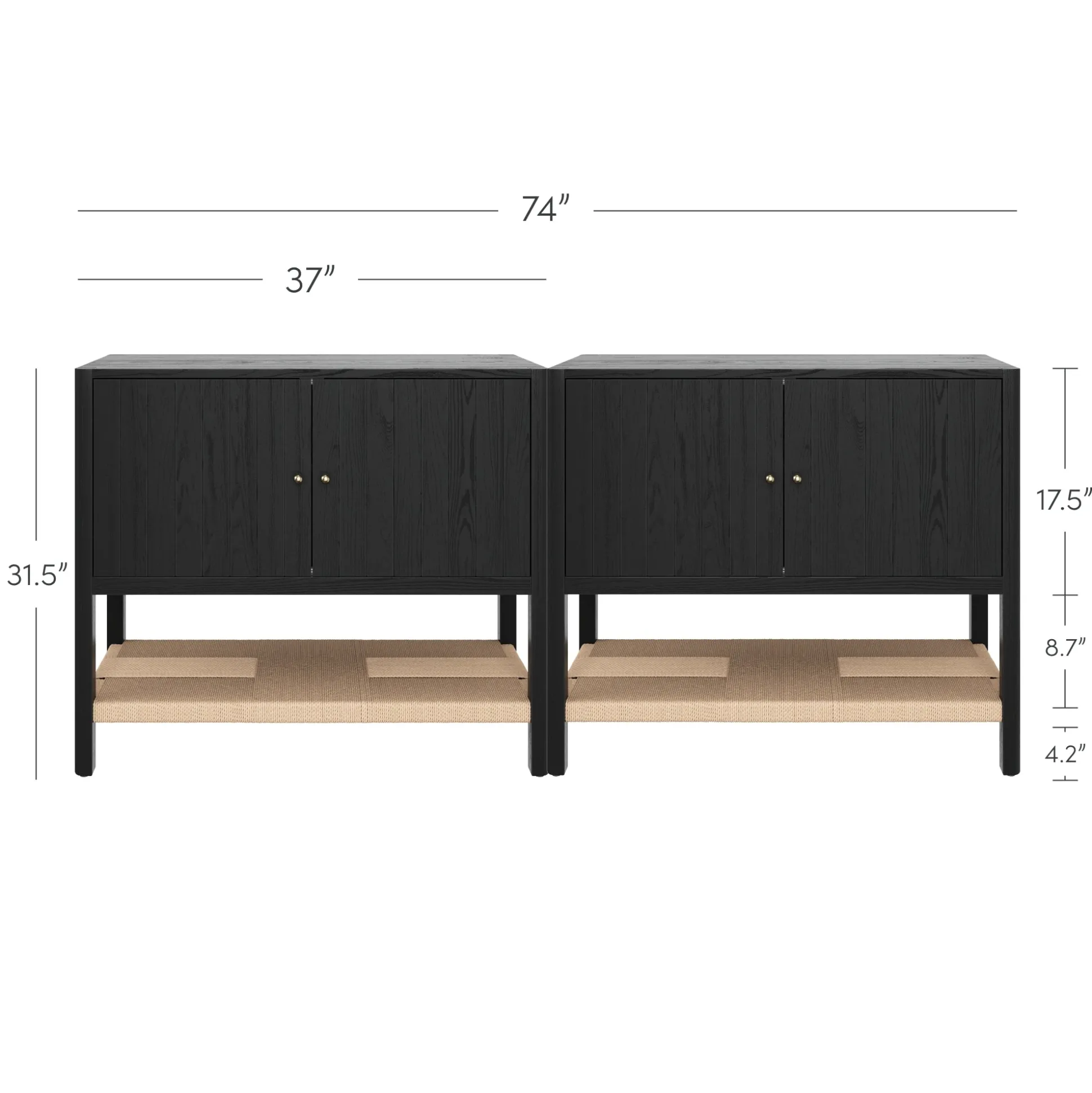 Wood TV Console with Open Seagrass Shelf for TVs up to 65" Black Oak