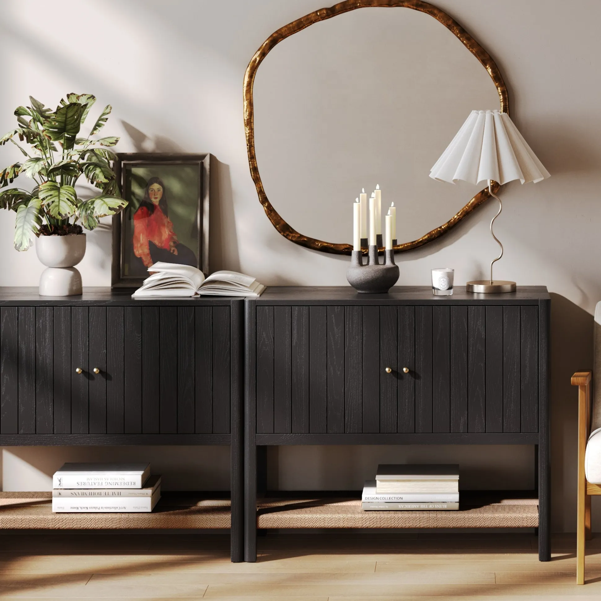 Wood TV Console with Open Seagrass Shelf for TVs up to 75" Black Oak