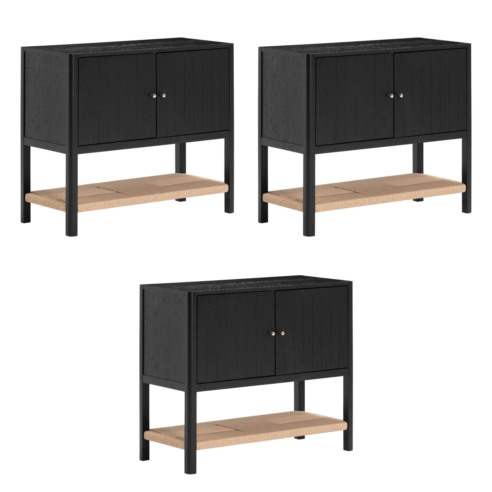 Wood TV Console with Open Seagrass Shelf for TVs up to 75" Black Oak