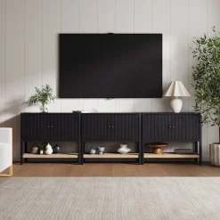 Wood TV Console with Open Seagrass Shelf for TVs up to 75