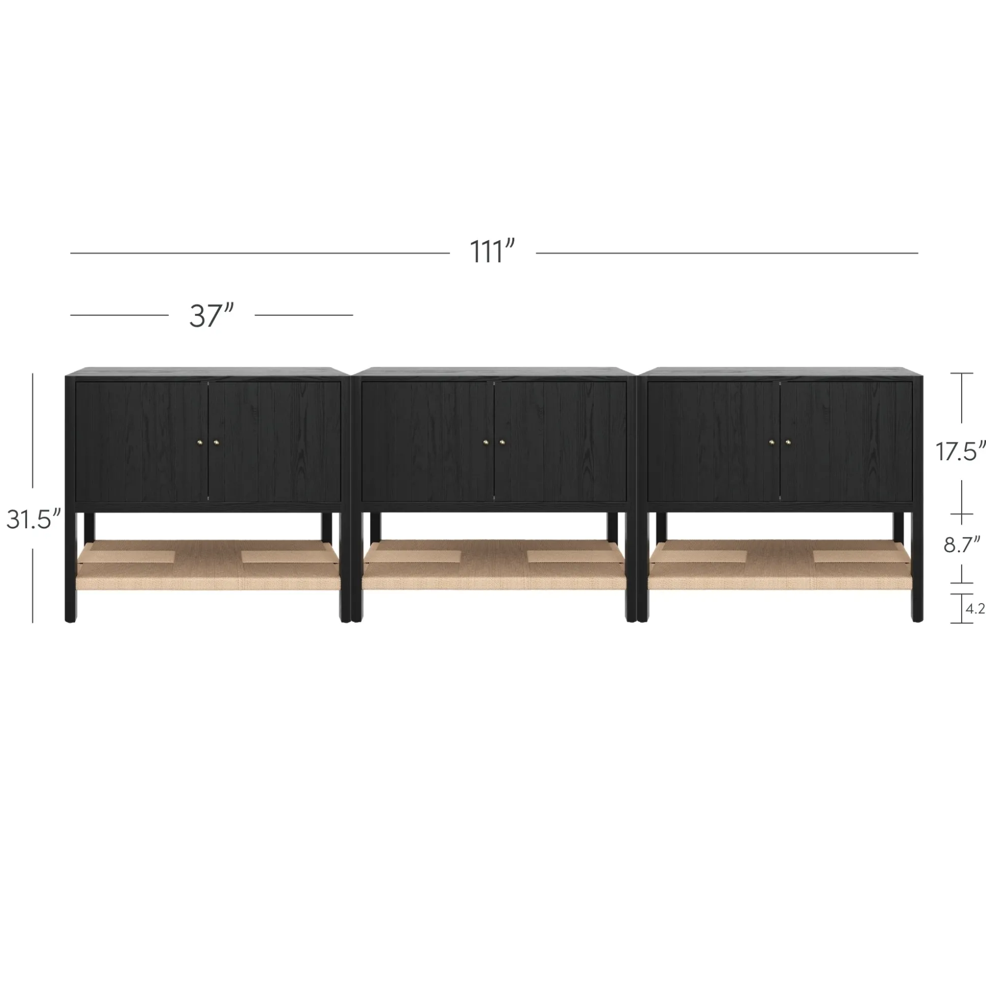 Wood TV Console with Open Seagrass Shelf for TVs up to 75" Black Oak